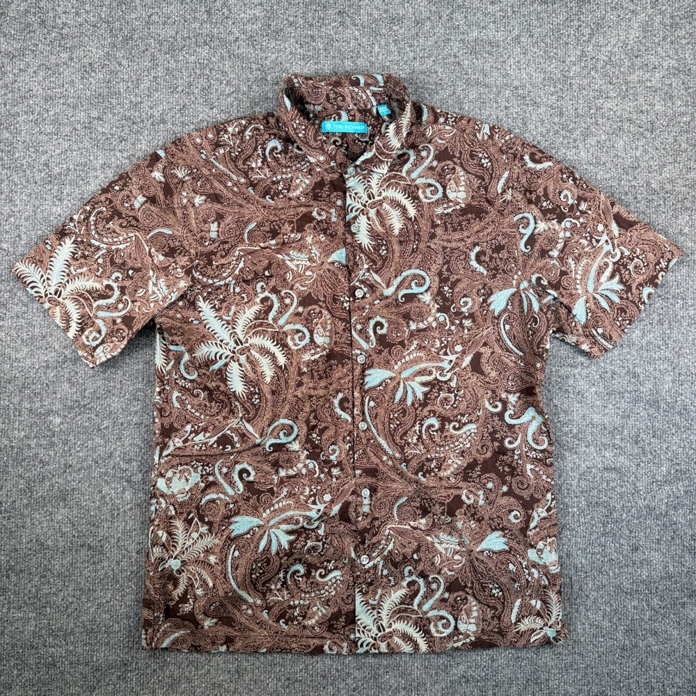 Tori Richard Shirt Mens L Brown Blue Paisley Palm Tree Floral Hawaiian Button Up